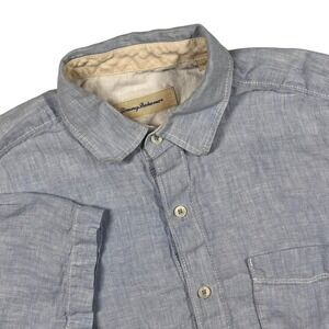 Tommy Bahama Linen Shirt Mens S Blue Short Sleeve Button Down Contrast Stitch